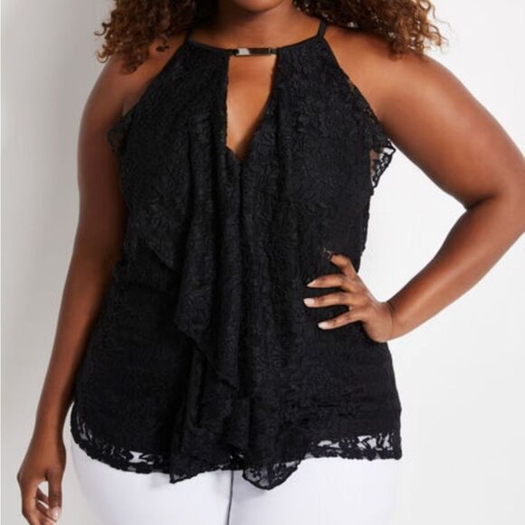 Ashley Stewart Size 18/20 Black Lace Ruffle Keyhole Bar Neck Top Plus 2x Frilly - Picture 4 of 15